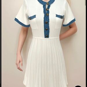 Sandro-Inspired White and Blue Midi Dress with Mandarin Collar